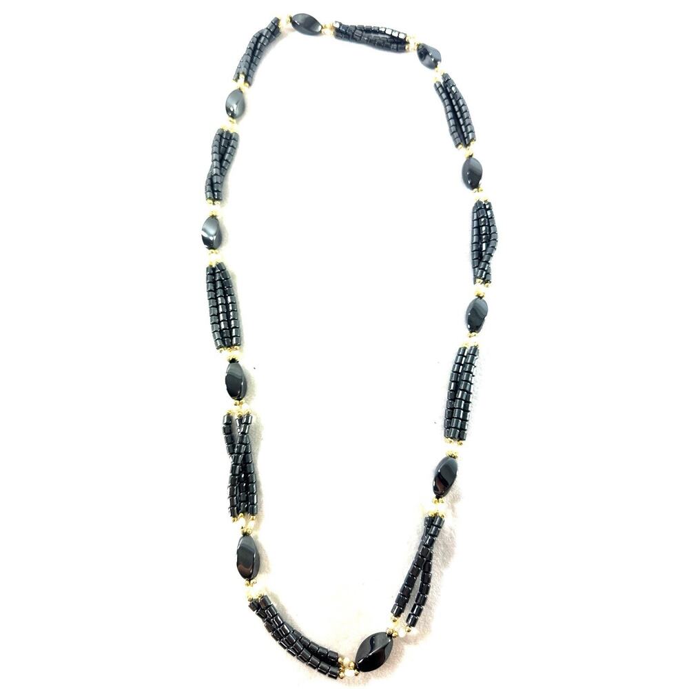 Vintage Hematite Rice Pearl Beaded Station Necklace Gray White Necklace - Picture 2 of 5